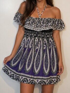 Jon & Anna Off-the-Shoulder Paisley Boho Mini Dress Black Purple White | Medium